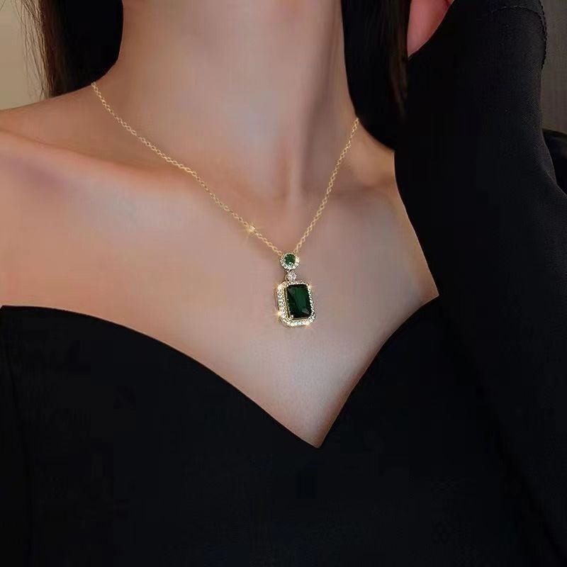 3Pcs Emerald Crystal Titanium Steel Necklace Earring High-end Design Jewelry Set