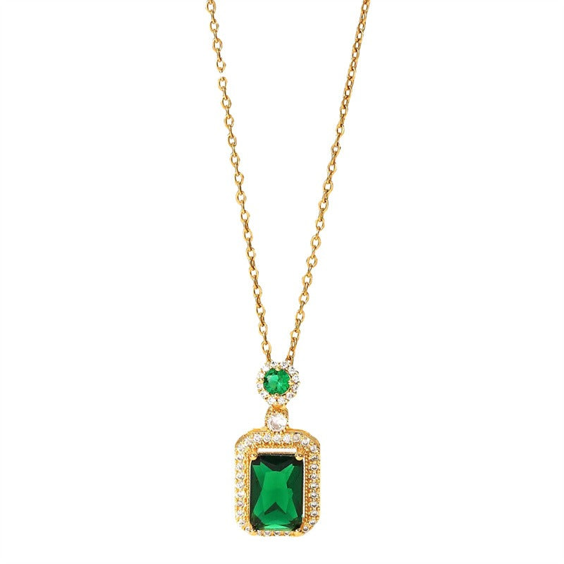 3Pcs Emerald Crystal Titanium Steel Necklace Earring High-end Design Jewelry Set
