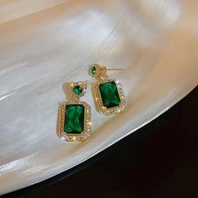 3Pcs Emerald Crystal Titanium Steel Necklace Earring High-end Design Jewelry Set